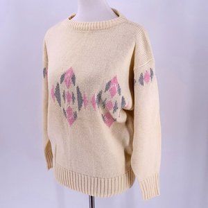 Vintage 80's Serac Cream Pink Silver Wool Ski Sweater Dolman Sleeve Size Medium